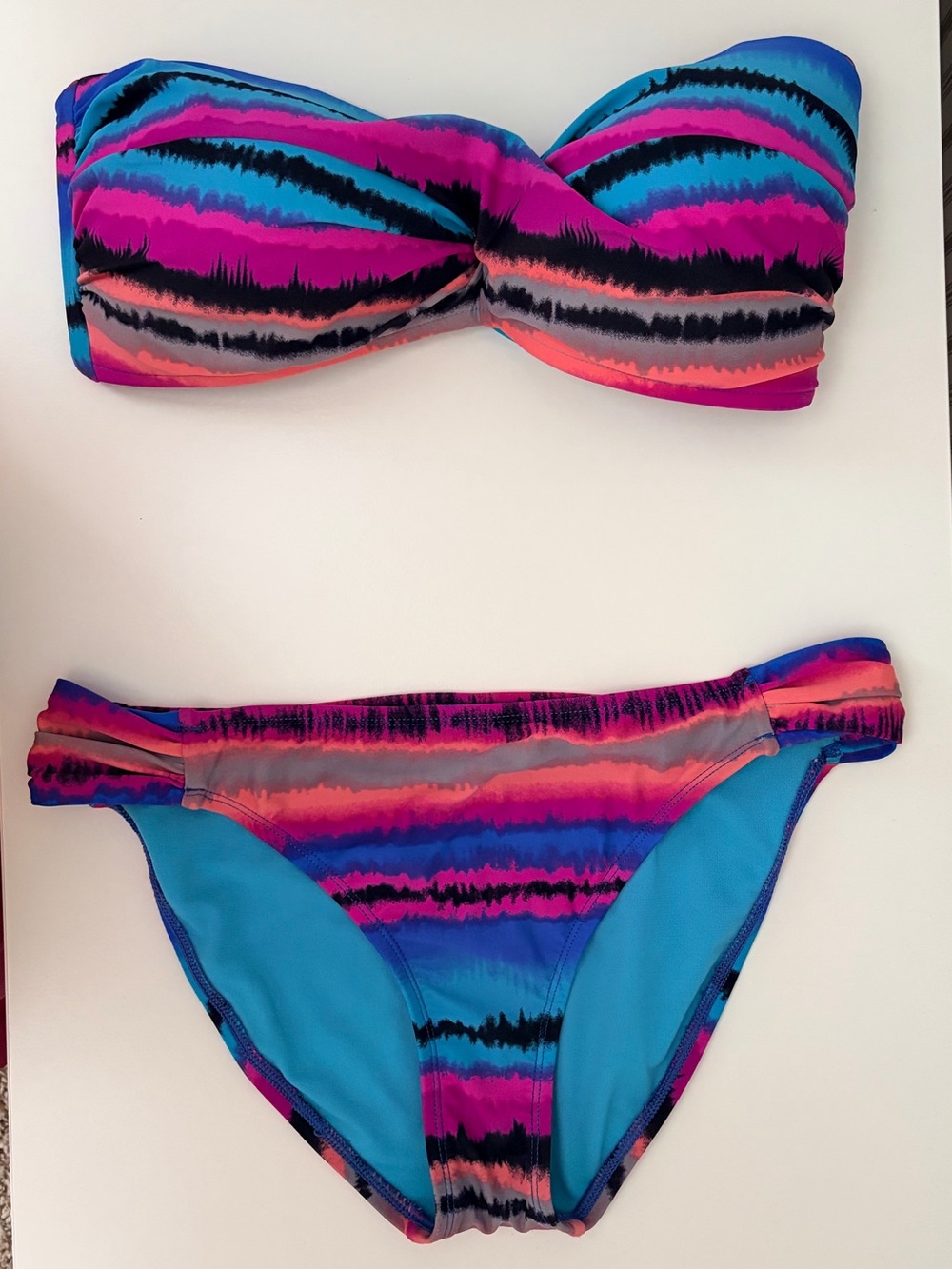 TYR Bandeau Bikini in Pink, Blue & Black Stripe